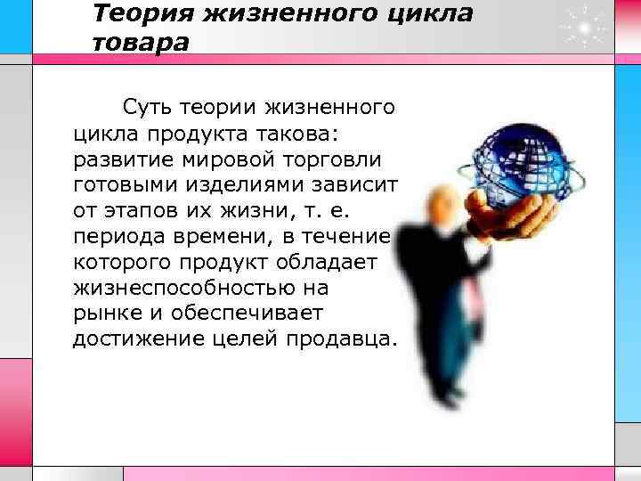 Теория жизненного цикла товара Суть теории жизненного цикла продукта такова: развитие мировой торговли готовыми
