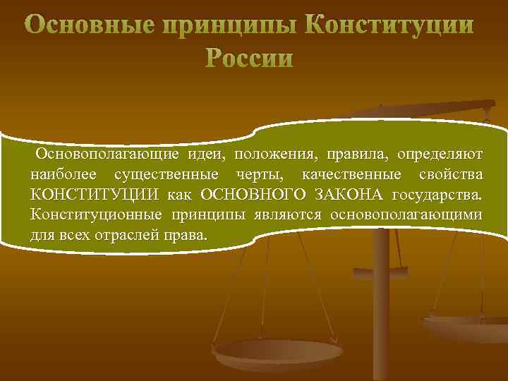 Основные принципы Конституции России Основополагающие идеи, положения, правила, определяют наиболее существенные черты, качественные свойства