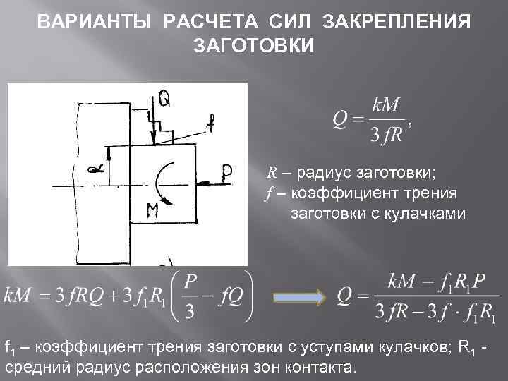 ВАРИАНТЫ РАСЧЕТА СИЛ ЗАКРЕПЛЕНИЯ ЗАГОТОВКИ R – радиус заготовки; f – коэффициент трения заготовки