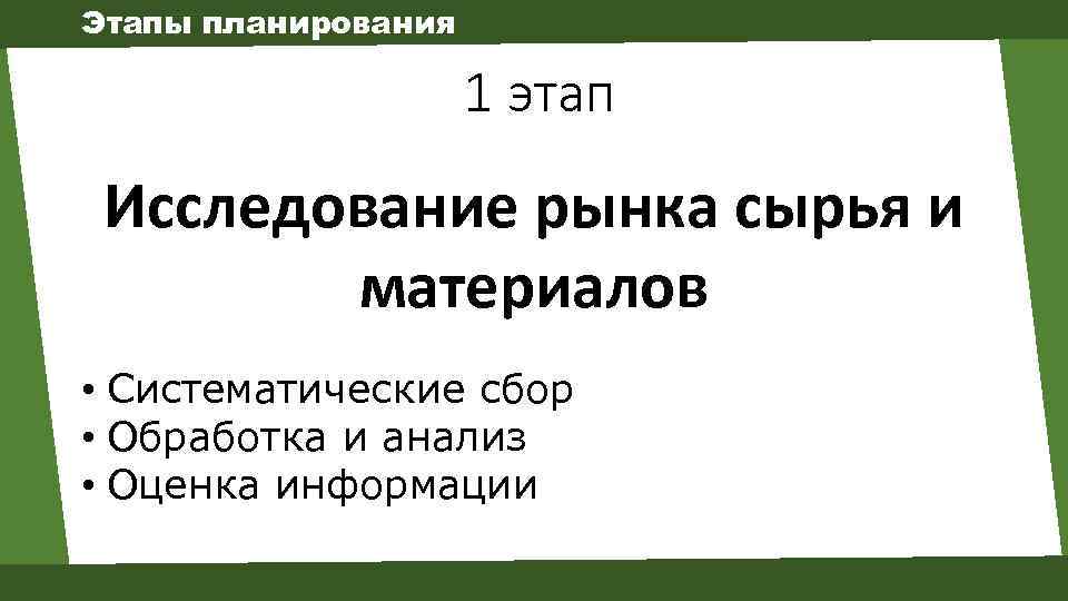 Этапы планирования 1 этап Исследование рынка сырья и материалов • Систематические сбор • Обработка