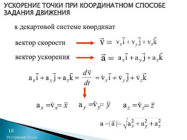 УСКОРЕНИЕ ТОЧКИ ПРИ КООРДИНАТНОМ СПОСОБЕ ЗАДАНИЯ ДВИЖЕНИЯ в декартовой системе координат вектор скорости вектор