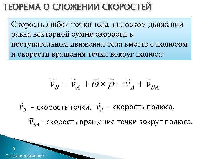 ТЕОРЕМА О СЛОЖЕНИИ СКОРОСТЕЙ Скорость любой точки тела в плоском движении равна векторной сумме