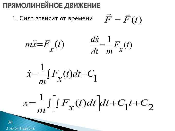 ПРЯМОЛИНЕЙНОЕ ДВИЖЕНИЕ 1. Сила зависит от времени 20 2 закон Ньютона 