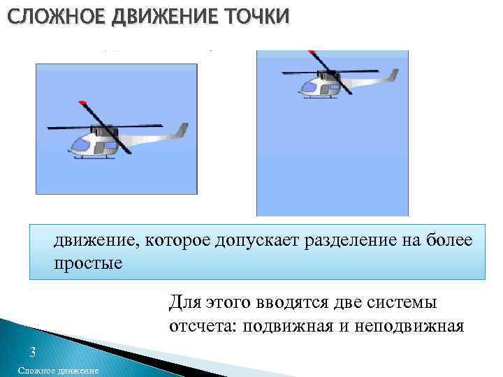 СЛОЖНОЕ ДВИЖЕНИЕ ТОЧКИ движение, которое допускает разделение на более простые Для этого вводятся две