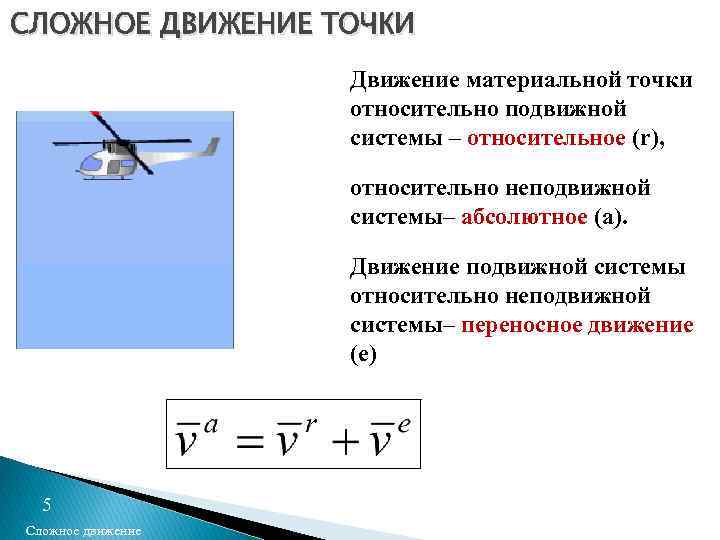 СЛОЖНОЕ ДВИЖЕНИЕ ТОЧКИ Движение материальной точки относительно подвижной системы – относительное (r), относительно неподвижной