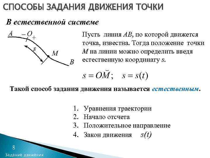 СПОСОБЫ ЗАДАНИЯ ДВИЖЕНИЯ ТОЧКИ В естественной системе Пусть линия AB, по которой движется точка,