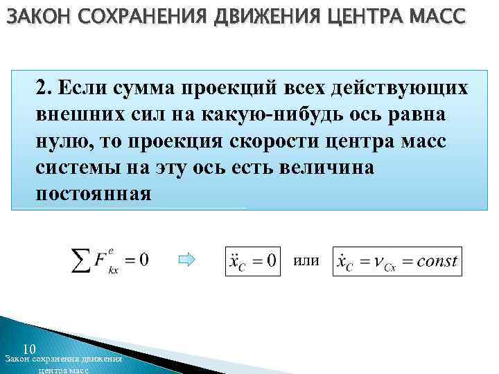 ЗАКОН СОХРАНЕНИЯ ДВИЖЕНИЯ ЦЕНТРА МАСС 2. Если сумма проекций всех действующих внешних сил на