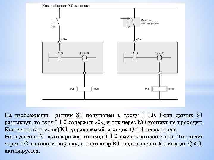 На изображении датчик S 1 подключен к входу I 1. 0. Если датчик S