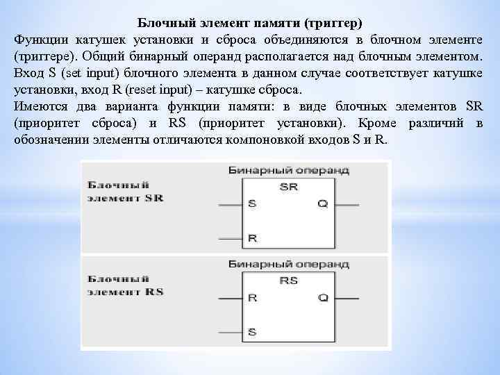 Блочный элемент памяти (триггер) Функции катушек установки и сброса объединяются в блочном элементе (триггере).