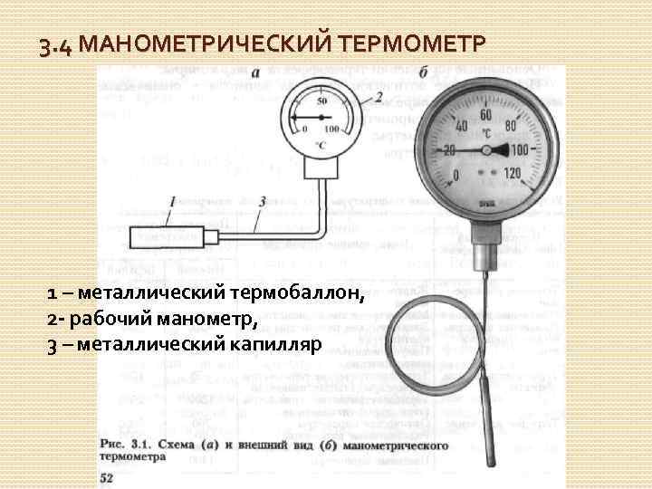 3. 4 МАНОМЕТРИЧЕСКИЙ ТЕРМОМЕТР 1 – металлический термобаллон, 2 - рабочий манометр, 3 –