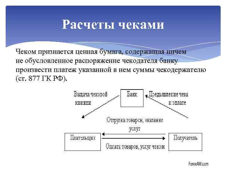 Расчеты чеками Чеком признается ценная бумага, содержащая ничем не обусловленное распоряжение чекодателя банку произвести