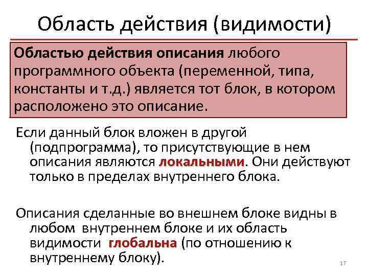 Область действия (видимости) Областью действия описания любого программного объекта (переменной, типа, константы и т.