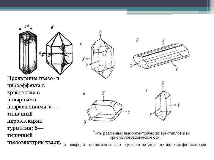 Проявление пьезо- и пироэффекта в кристаллах с полярными направлениями. а — типичный пироэлектрик турмалин;