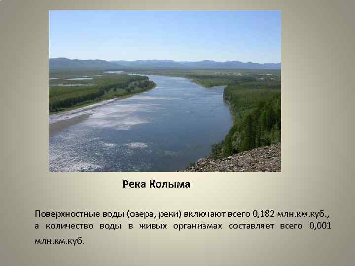 Река Колыма Поверхностные воды (озера, реки) включают всего 0, 182 млн. км. куб. ,