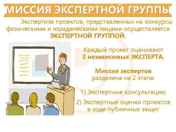 МИССИЯ ЭКСПЕРТНОЙ ГРУППЫ Экспертиза проектов, представленных на конкурсы физическими и юридическими лицами осуществляется ЭКСПЕРТНОЙ