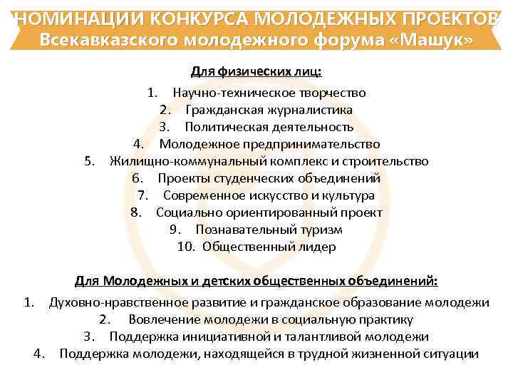 НОМИНАЦИИ КОНКУРСА МОЛОДЕЖНЫХ ПРОЕКТОВ Всекавказского молодежного форума «Машук» Для физических лиц: 1. Научно-техническое творчество