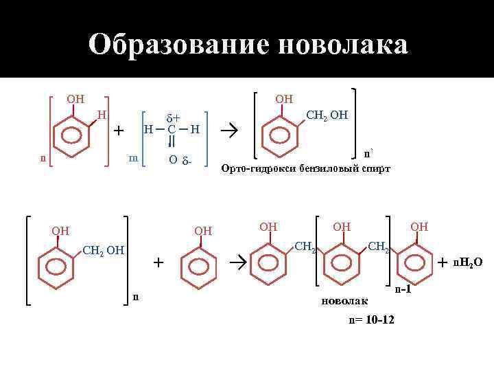 Образование новолака ОН ОН Н δ+ H─C─H + n m → n` O δ-