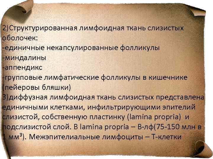 2)Структурированная лимфоидная ткань слизистых оболочек: -единичные некапсулированные фолликулы -миндалины -аппендикс -групповые лимфатические фолликулы в