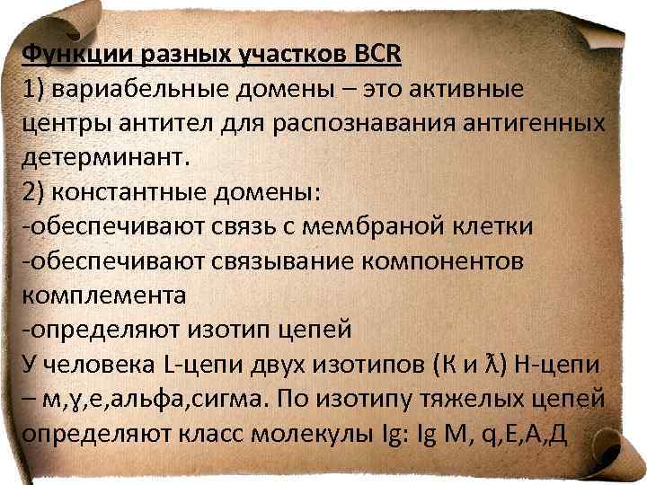 Функции разных участков BCR 1) вариабельные домены – это активные центры антител для распознавания