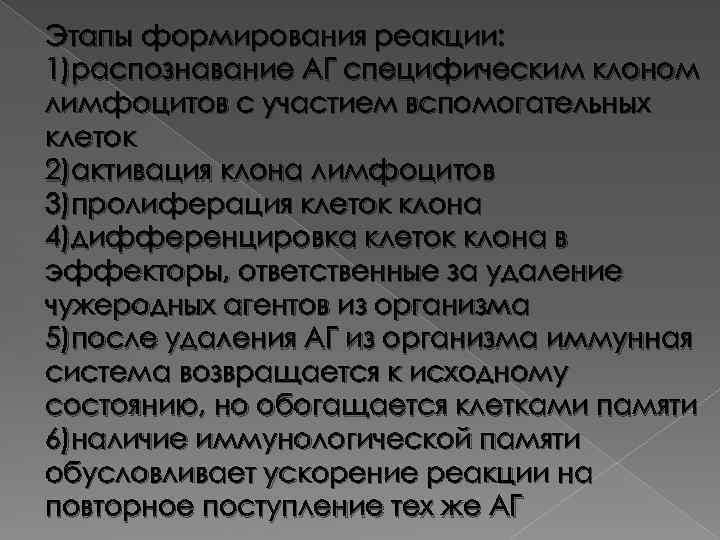 Этапы формирования реакции: 1)распознавание АГ специфическим клоном лимфоцитов с участием вспомогательных клеток 2)активация клона