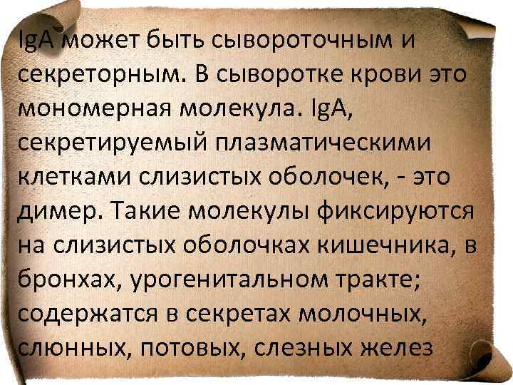 Ig. А может быть сывороточным и секреторным. В сыворотке крови это мономерная молекула. Ig.