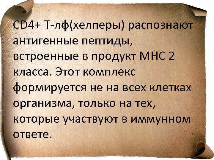 СD 4+ Т-лф(хелперы) распознают антигенные пептиды, встроенные в продукт МНС 2 класса. Этот комплекс