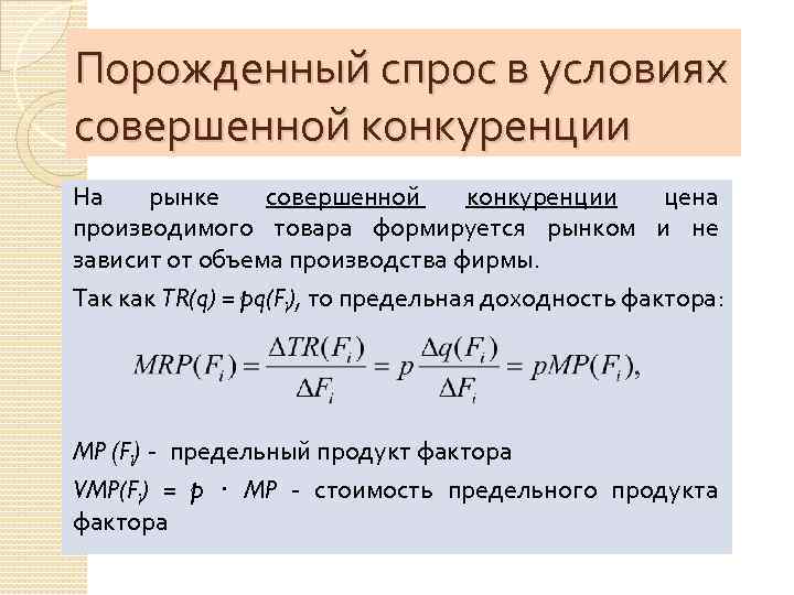 Порожденный спрос в условиях совершенной конкуренции На рынке совершенной конкуренции цена производимого товара формируется