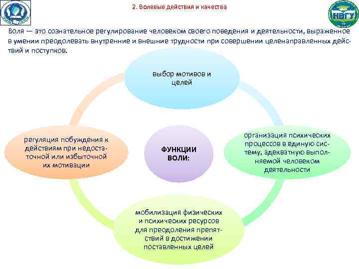 2. Волевые действия и качества Воля — это сознательное регулирование человеком своего поведения и