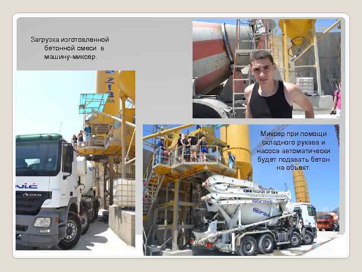 Загрузка изготовленной бетонной смеси в машину-миксер. Миксер при помощи складного рукава и насоса автоматически