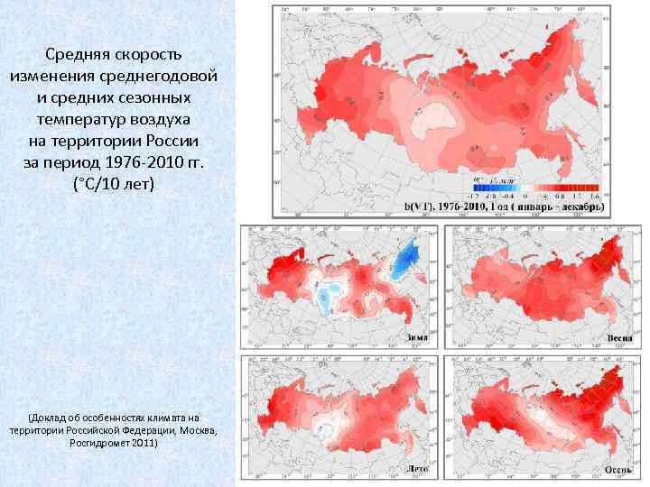 Средняя скорость изменения среднегодовой и средних сезонных температур воздуха на территории России за период