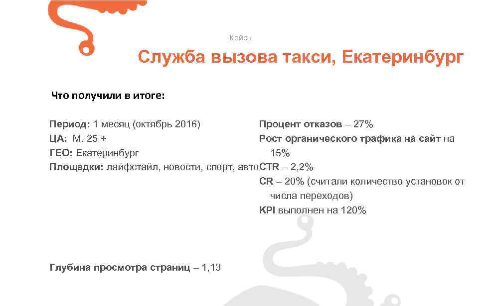 Кейсы Служба вызова такси, Екатеринбург Что получили в итоге: Период: 1 месяц (октябрь 2016)