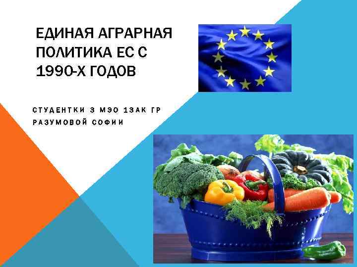 ЕДИНАЯ АГРАРНАЯ ПОЛИТИКА ЕС С 1990 -Х ГОДОВ СТУДЕНТКИ 3 МЭО 13 АК ГР