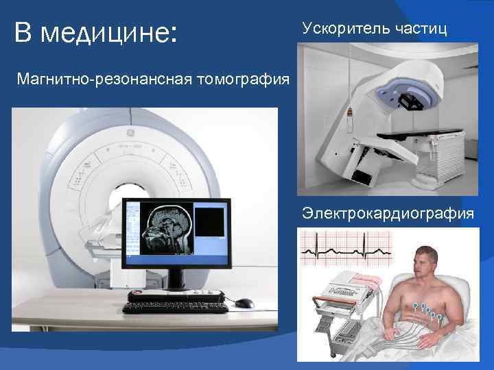 В медицине: Ускоритель частиц Магнитно-резонансная томография Электрокардиография 