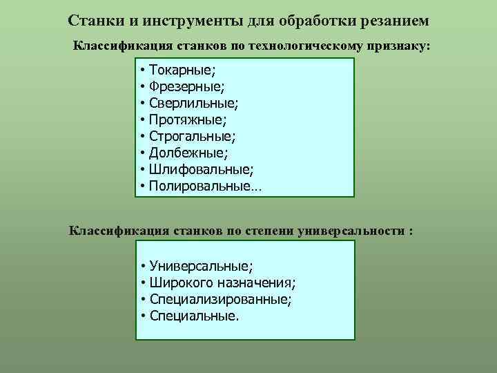 Станки и инструменты для обработки резанием Классификация станков по технологическому признаку: • Токарные; •