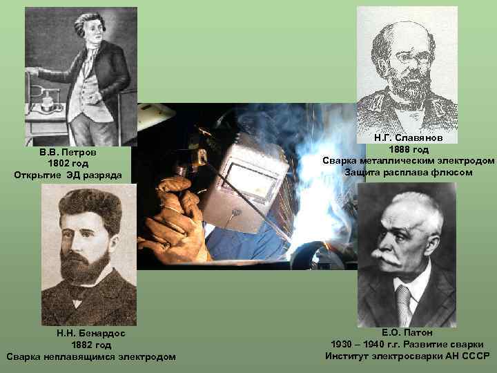 В. В. Петров 1802 год Открытие ЭД разряда Н. Н. Бенардос 1882 год Сварка