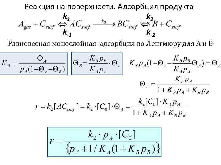 Реакция на поверхности. Адсорбция продукта k 1 k 2 k-1 k-2 Равновесная монослойная адсорбция