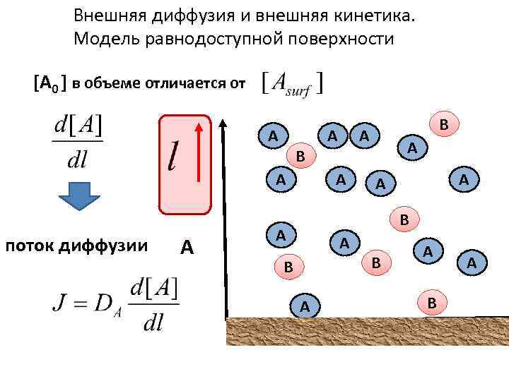 Внешняя диффузия и внешняя кинетика. Модель равнодоступной поверхности [A 0 ] в объеме отличается