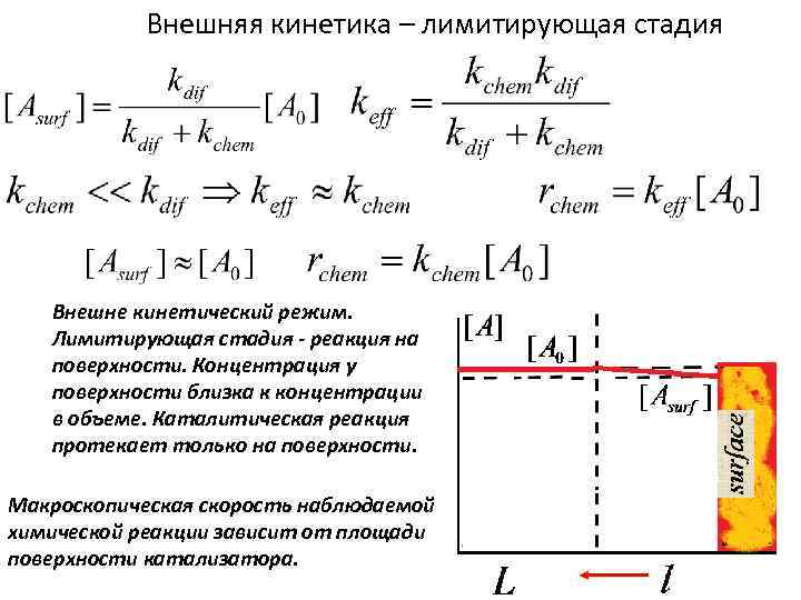 Внешняя кинетика – лимитирующая стадия Внешне кинетический режим. Лимитирующая стадия - реакция на поверхности.