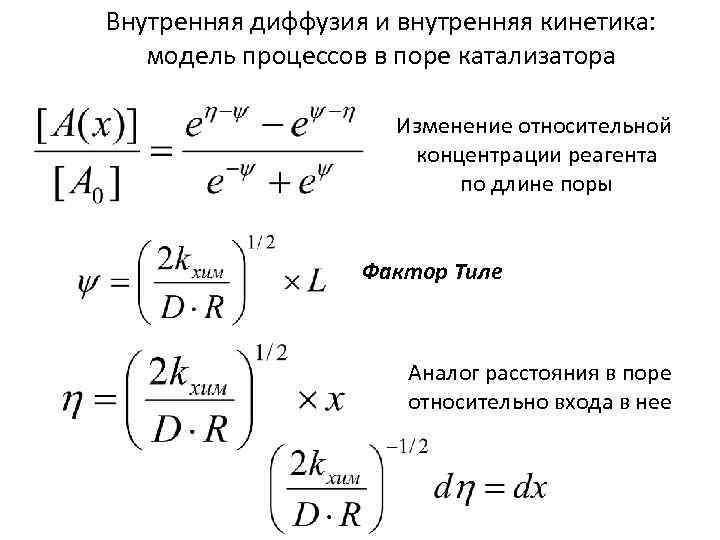 Внутренняя диффузия и внутренняя кинетика: модель процессов в поре катализатора Изменение относительной концентрации реагента