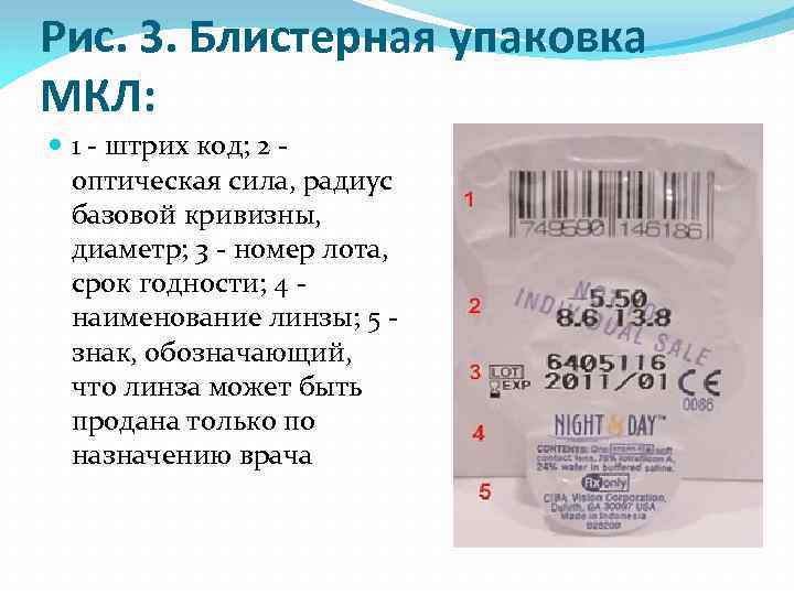 Рис. 3. Блистерная упаковка МКЛ: 1 - штрих код; 2 - оптическая сила, радиус