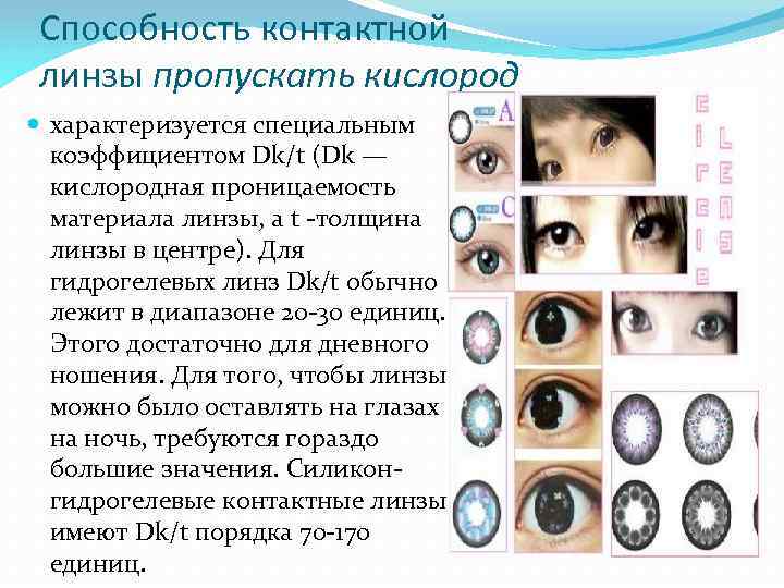 Способность контактной линзы пропускать кислород характеризуется специальным коэффициентом Dk/t (Dk — кислородная проницаемость материала