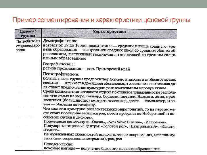Пример сегментирования и характеристики целевой группы 