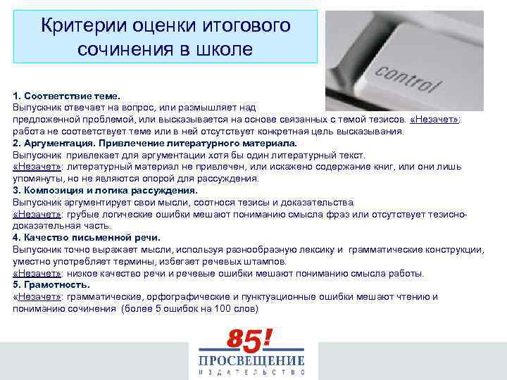 Критерии оценки итогового сочинения в школе 1. Соответствие теме. Выпускник отвечает на вопрос, или