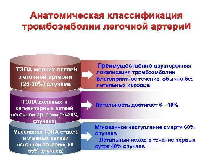 Анатомическая классификация тромбоэмболии легочной артери. И ТЭЛА мелких ветвей легочной артерии (25 -30%) случаев