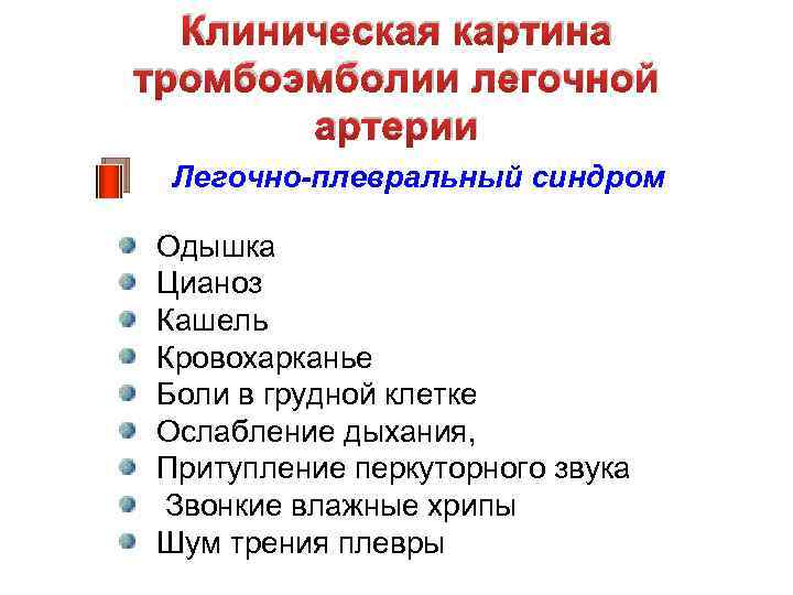 Клиническая картина тромбоэмболии легочной артерии Легочно-плевральный синдром Одышка Цианоз Кашель Кровохарканье Боли в грудной