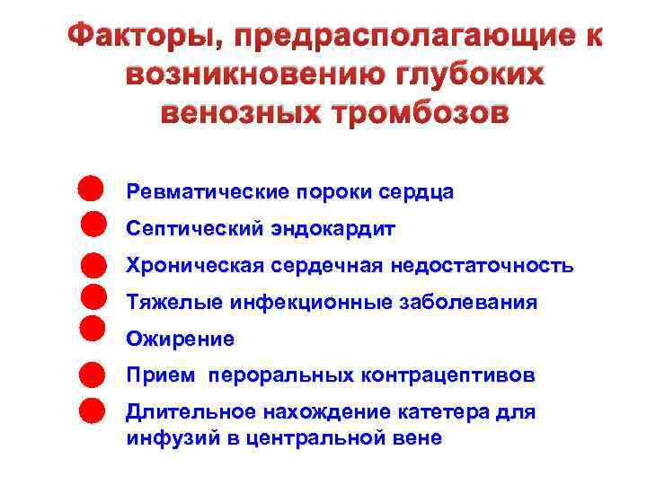 Факторы, предрасполагающие к возникновению глубоких венозных тромбозов Ревматические пороки сердца Септический эндокардит Хроническая сердечная