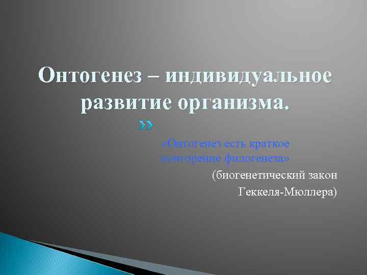 Онтогенез – индивидуальное развитие организма. «Онтогенез есть краткое повторение филогенеза» (биогенетический закон Геккеля-Мюллера) 