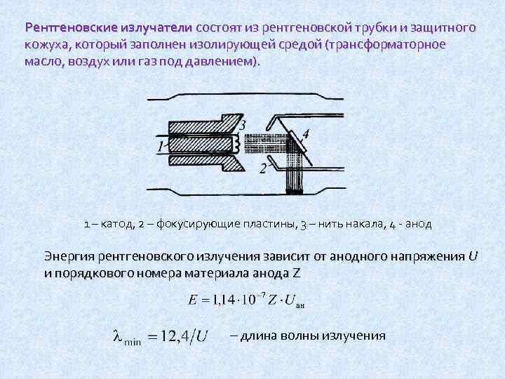 Рентгеновские излучатели состоят из рентгеновской трубки и защитного кожуха, который заполнен изолирующей средой (трансформаторное