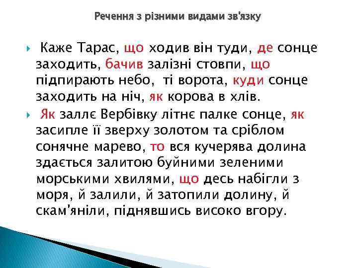 Речення з різними видами зв'язку Каже Тарас, що ходив він туди, де сонце заходить,