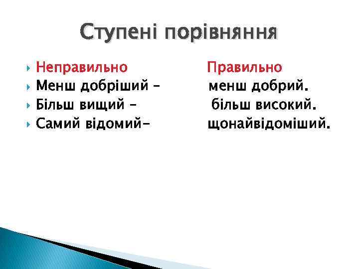 Ступені порівняння Неправильно Менш добріший – Більш вищий – Самий відомий- Правильно менш добрий.